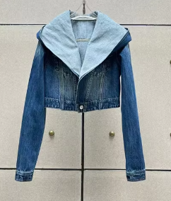 Cropped Denim Hoodie Jacket with Oversized Collar - Dark Blue