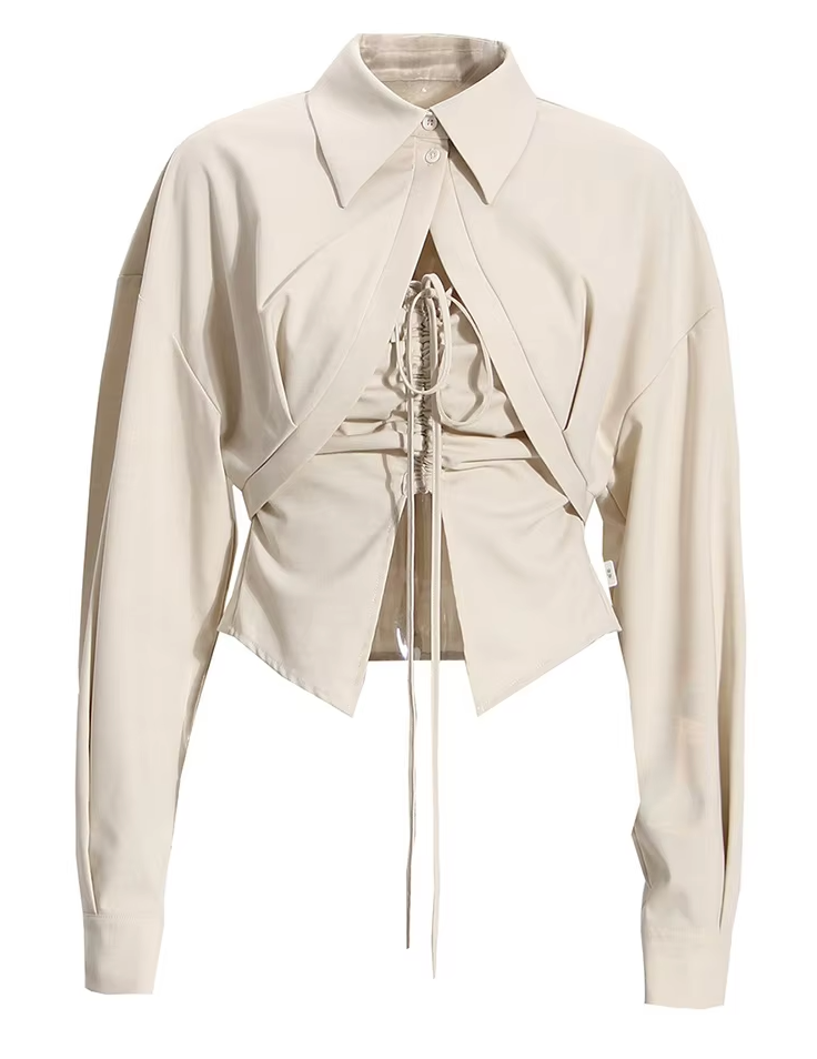 Cropped Collared Shirt with Lace-Up Tank Top - Apricot