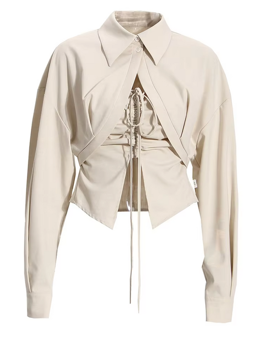 Cropped Collared Shirt with Lace-Up Tank Top - Apricot