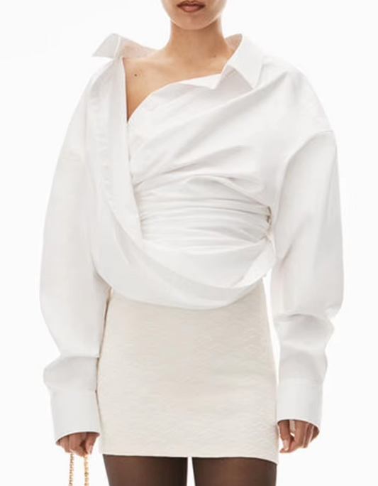 Asymmetric Off-Shoulder Wrap Shirt - White
