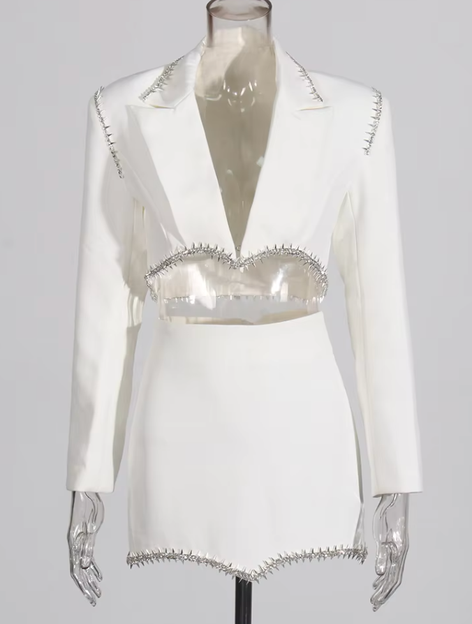 Two-Piece Set with Cropped Blazer and Asymmetrical Hem Mini Skirt - White