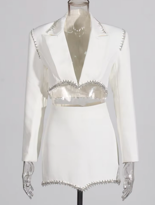 Two-Piece Set with Cropped Blazer and Asymmetrical Hem Mini Skirt - White
