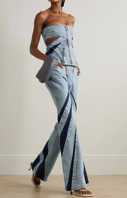 Two-Piece Denim Set with Strapless Corset Top and Flared Trousers - Blue