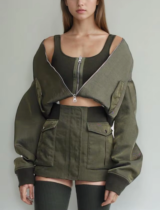Off-Shoulder Crop Jacket with Tank Layer - Green