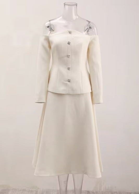 Two-Piece Set with Off-Shoulder Embellished Peplum Top and Midi Skirt - White