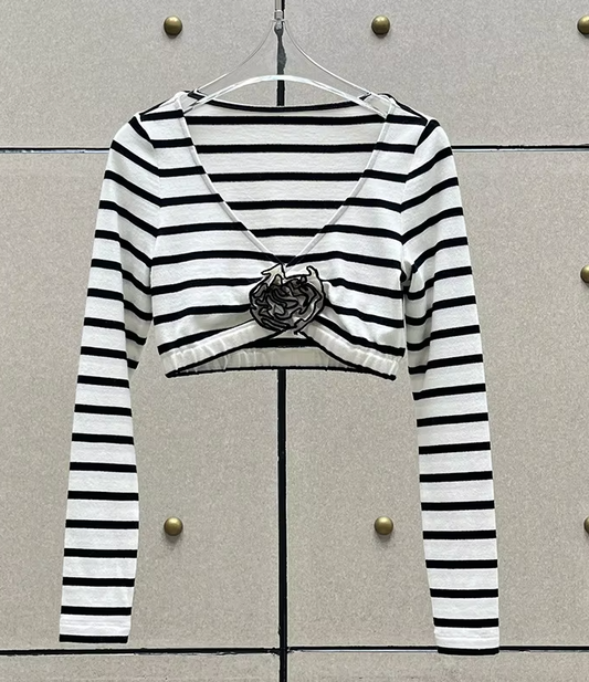 Striped Cropped Long Sleeve Top with Floral Accent Detail - Black