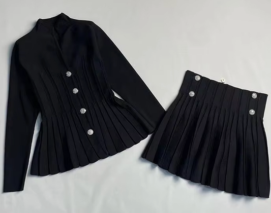Two-Piece Set with High-Neck Pleated Blazer and Pleated Skirt - Black