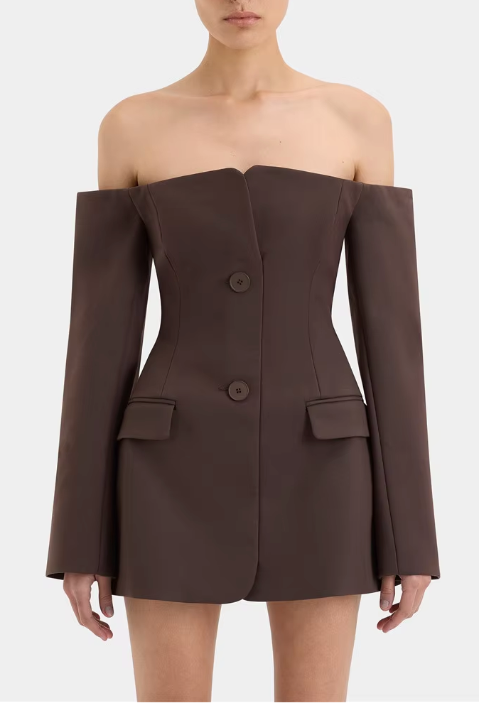 Off-Shoulder Blazer-Style Mini Dress - Brown
