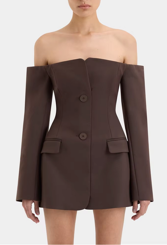 Off-Shoulder Blazer-Style Mini Dress - Brown