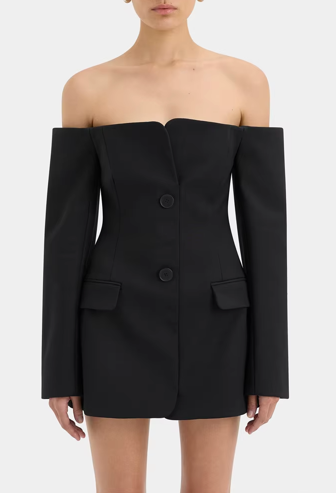 Off-Shoulder Blazer-Style Mini Dress - Black