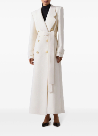 Double-Breasted Belted Long Coat - White