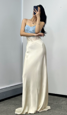 Denim and Lace Paneled Spaghetti Strap Maxi Dress - Beige