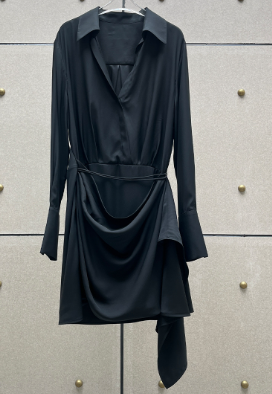 Mini Dress with Draped Waist and Spread Collar - Black
