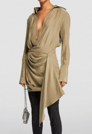 Mini Dress with Draped Waist and Spread Collar - Green