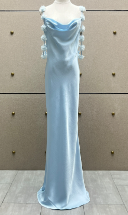 Maxi Dress with Draped Neckline and 3D Floral Strap Accents - Light Blue