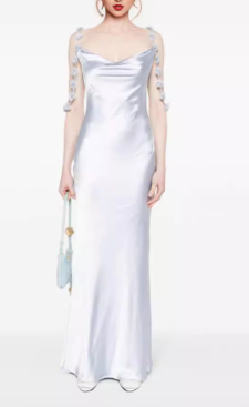 Maxi Dress with Draped Neckline and 3D Floral Strap Accents - White