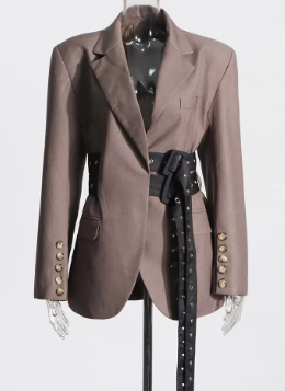 Double-Breasted Blazer with Eyelet Belt and Back Button Detailing - Brown