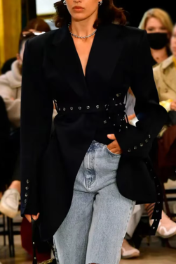 Double-Breasted Blazer with Eyelet Belt and Back Button Detailing - Black