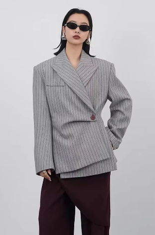 Oversized Pinstripe Blazer with Asymmetrical Button Closure - Gray