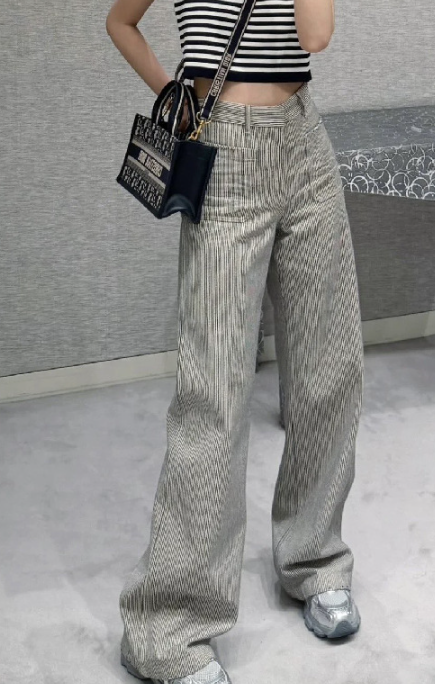 Wide-Leg High-Waist Striped Trousers - Black