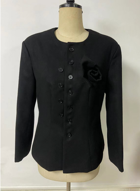 Structured Button-Up Coat with Floral Accent - Black
