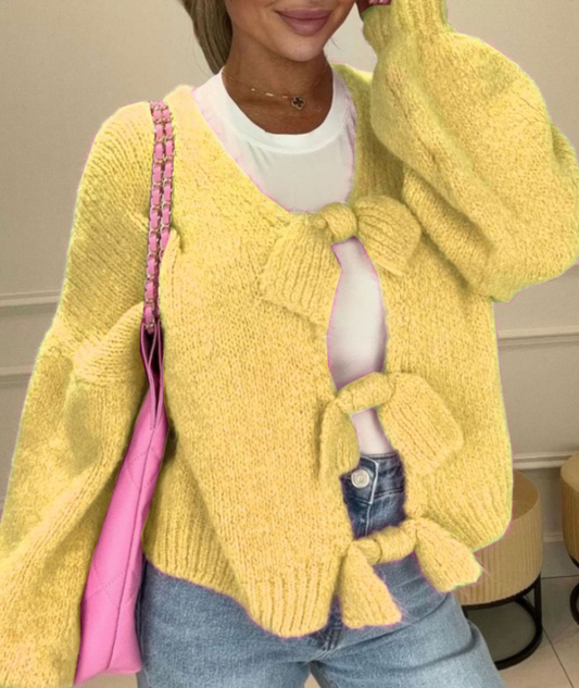 Knitted Bow-Tie Front Cardigan -Yellow