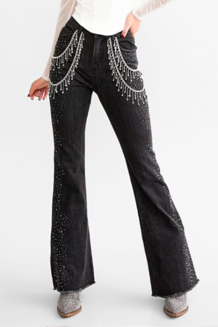 High-Waisted Flared Jeans with Crystal Chain Embellishments - Black