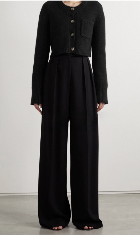 High-Waisted Wide-Leg Trousers with Pleated Detail -Black