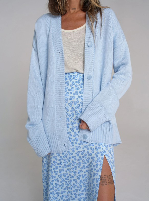 Oversized Ribbed Button-Down Cardigan with Deep V-Neck - Light Blue