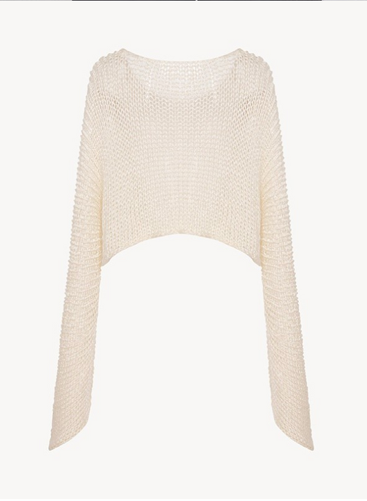 Cropped Open-Knit Sweater with Extended Sleeves - Beige