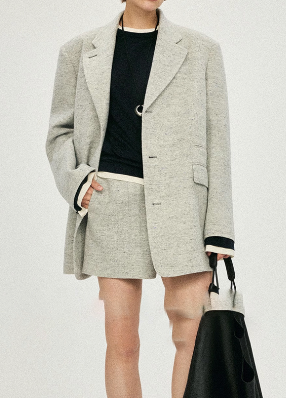 Oversized Textured Blazer with Notch Lapels - Light Gray