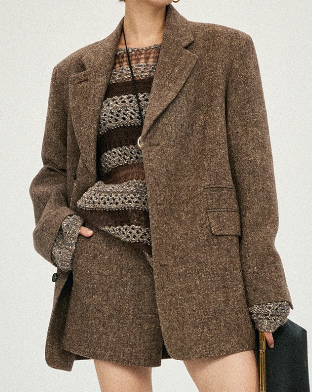 Oversized Textured Blazer with Notch Lapels - Brown