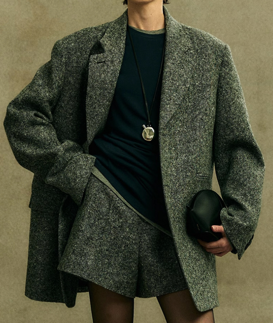 Oversized Textured Blazer with Notch Lapels - Green