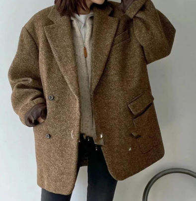 Oversized Coat with Notched Lapel and Double-Breasted - Brown
