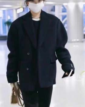 Oversized Coat with Notched Lapel and Double-Breasted - Navy Blue