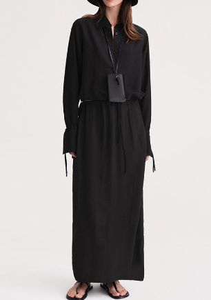 Two-Piece Set with Collared Button-Up Top and Midi Skirt - Black