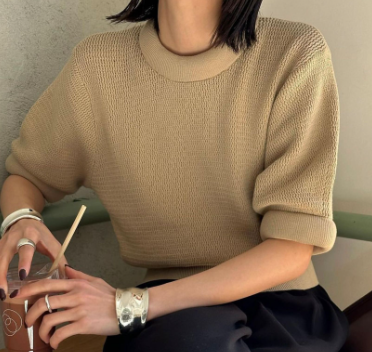 Ribbed Knit Top with Rolled Short Sleeves - Brown
