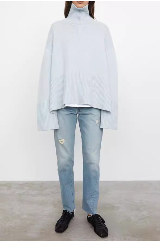 Oversized Ribbed Turtleneck Sweater - Light Blue