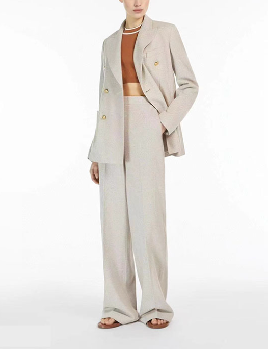 Two-Piece Set with Double-Breasted Blazer and Wide-Leg Trousers - Brown