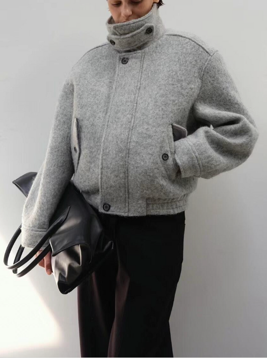 High-Neck Jacket with Button Accents - Gray