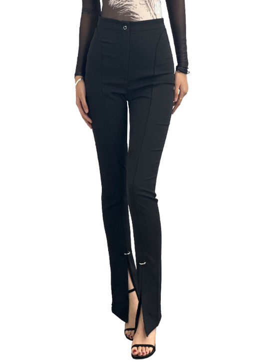 High-Waisted Slim Trousers with Front Split Detail - Black
