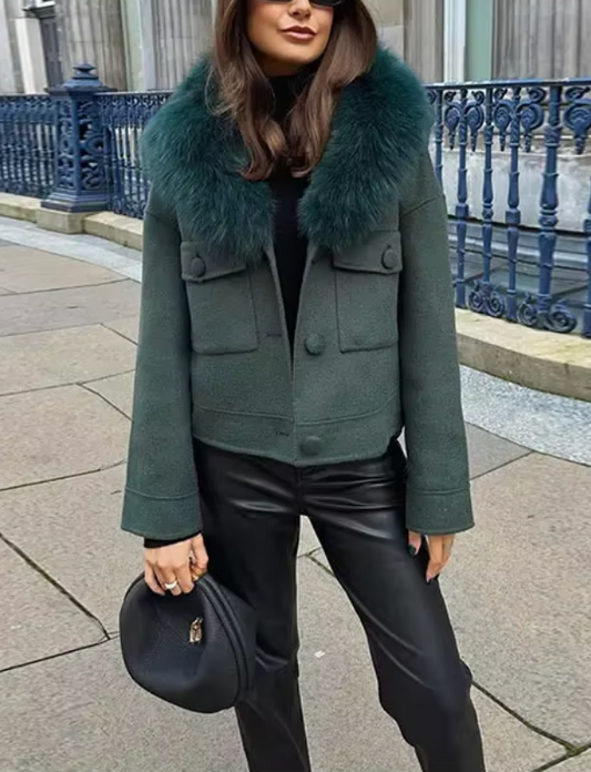 Fur Collar Coat with Buttoned Front Pockets - Green
