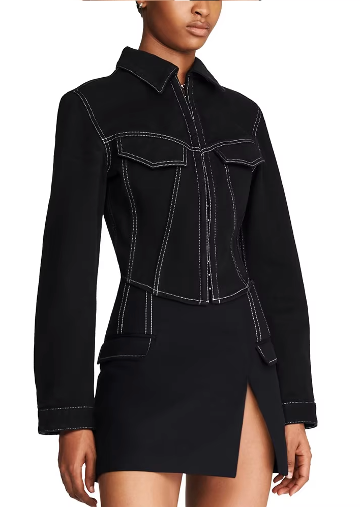 Cropped Denim Jacket with Structured Collar and Front Flap Details - Black