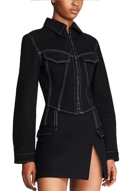 Cropped Denim Jacket with Structured Collar and Front Flap Details - Black