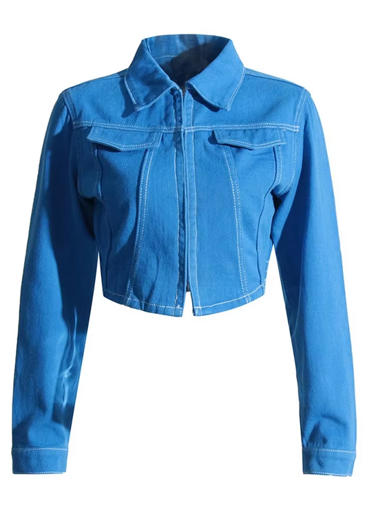 Cropped Denim Jacket with Structured Collar and Front Flap Details - Blue