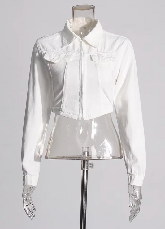 Cropped Denim Jacket with Structured Collar and Front Flap Details - White