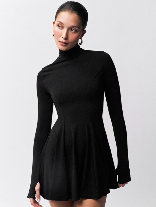 Long Sleeve High-Neck Flared Mini Dress - Black