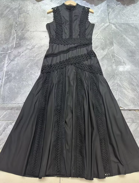 Sleeveless Midi Dress with Lace Panels - Black