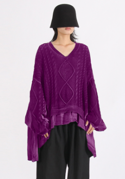 V-Neck Cable Knit Oversized Sweater - Purple