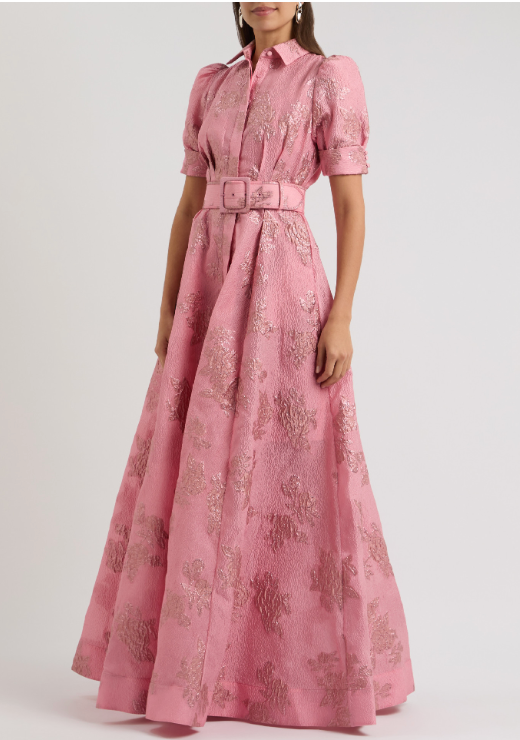 Maxi Dress with Floral Texture and Belted Design - Pink